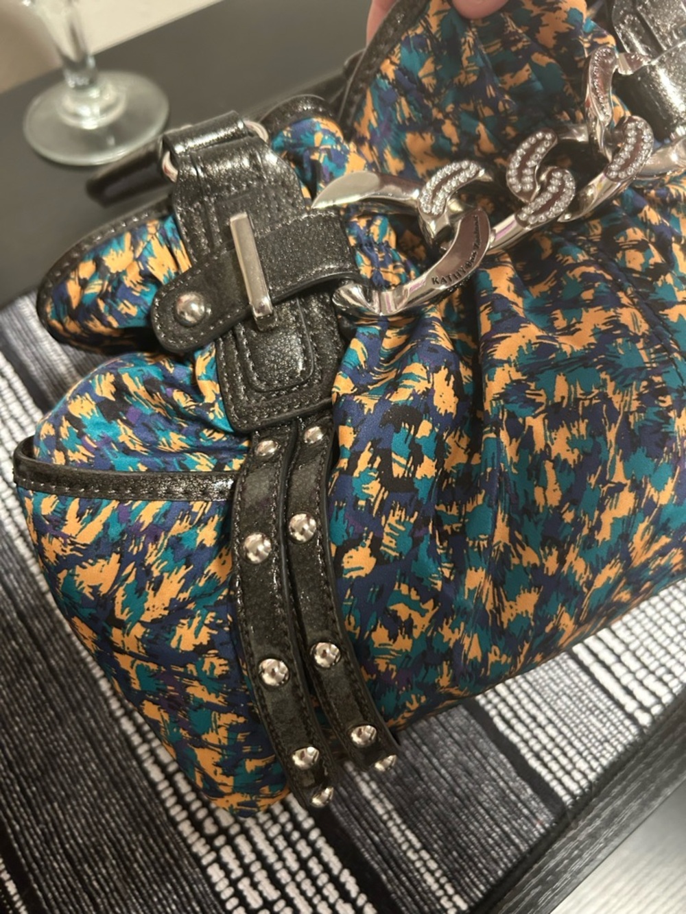 Kathy Van Zeeland Y2K Ruffle Top Teal, Gold & Black Patterned Shoulder Bag - Picture 8 of 15